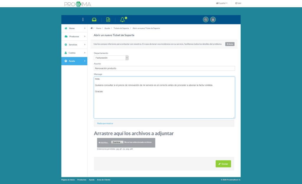 Imagen del área de cliente de PróximaHost, para mostrar el tercer paso sobre cómo abrir un ticket de soporte.