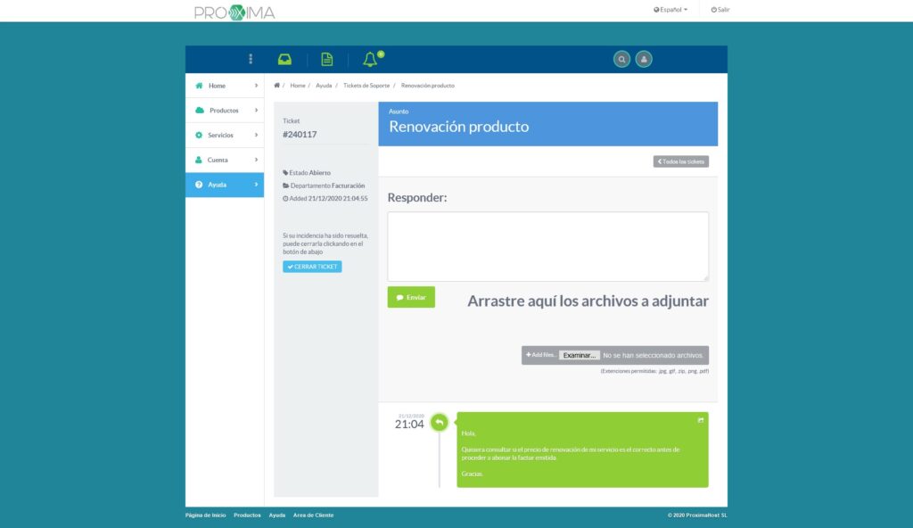 Imagen del área de cliente de PróximaHost, para mostrar el cuarto paso sobre cómo abrir un ticket de soporte.