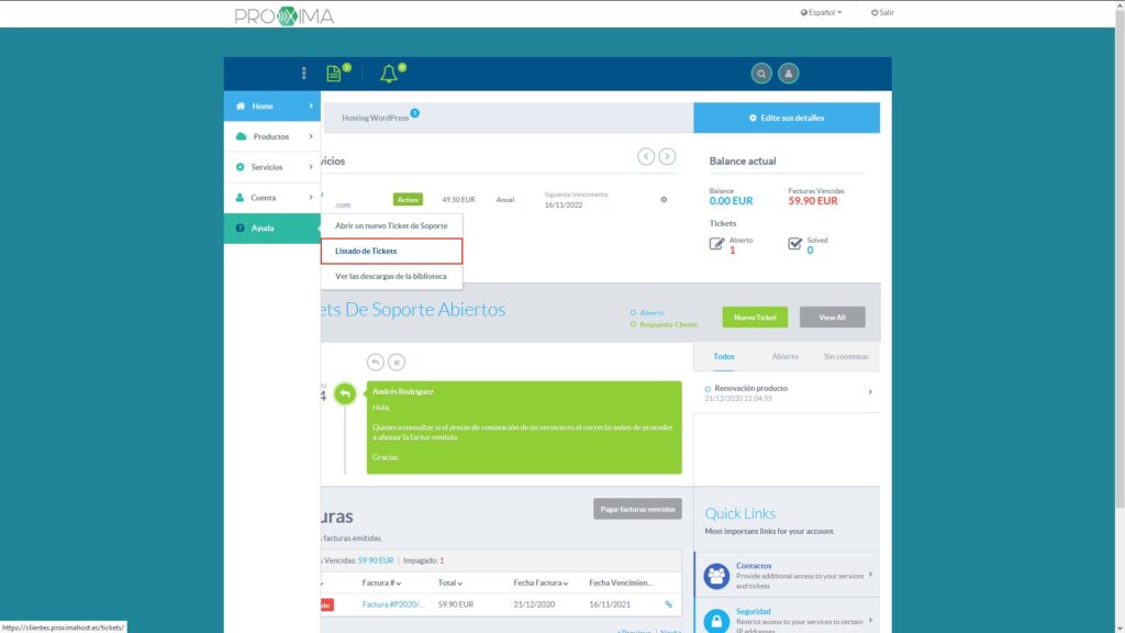 Imagen del área de cliente de PróximaHost, para mostrar el quinto paso sobre cómo abrir un ticket de soporte.