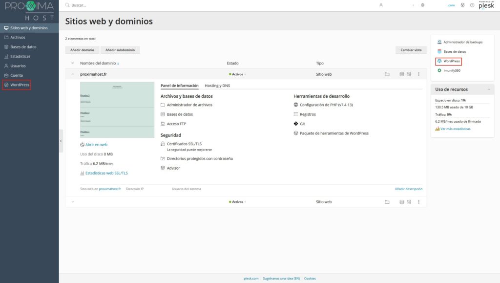 Imagen del panel de control Plesk como cliente de PróximaHost, que muestra el primer paso sobre cómo comprobar el nivel de seguridad de una instalación WordPress.
