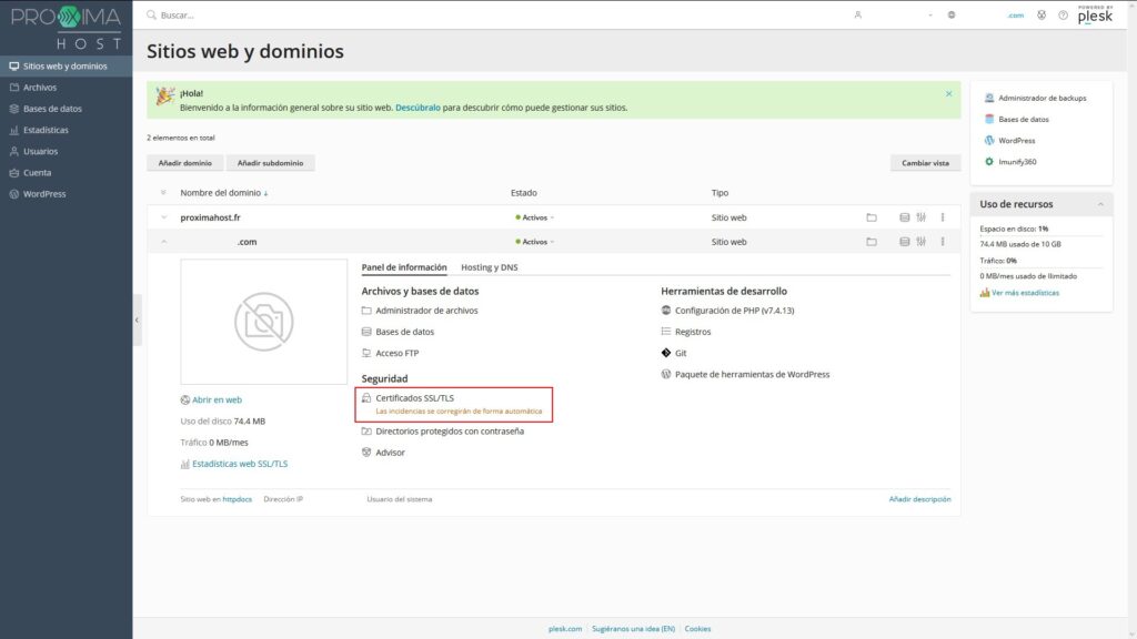 Imagen del panel de control Plesk como cliente de PróximaHost, para mostrar el primer paso sobre cómo configurar un certificado SSL de Let's Encrypt.