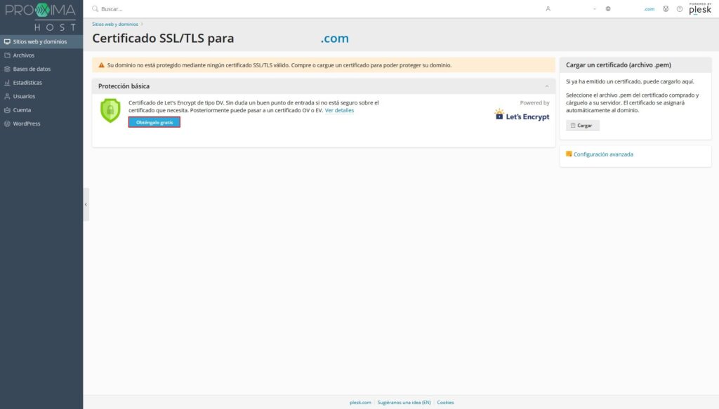 Imagen del panel de control Plesk como cliente de PróximaHost, para mostrar el segundo paso sobre cómo configurar un certificado SSL de Let's Encrypt.