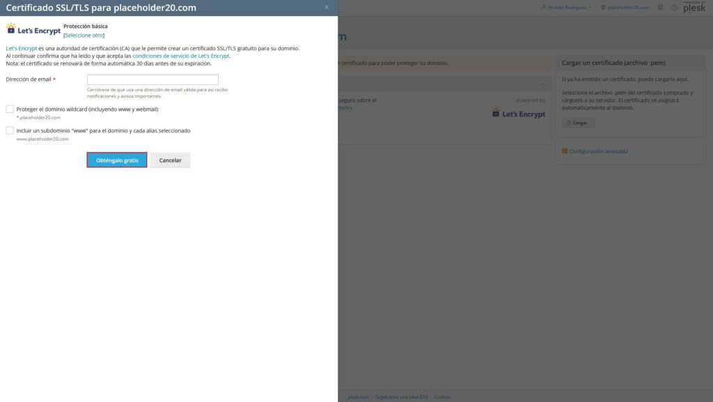 Imagen del panel de control Plesk como cliente de PróximaHost, para mostrar el tercer paso sobre cómo configurar un certificado SSL de Let's Encrypt.