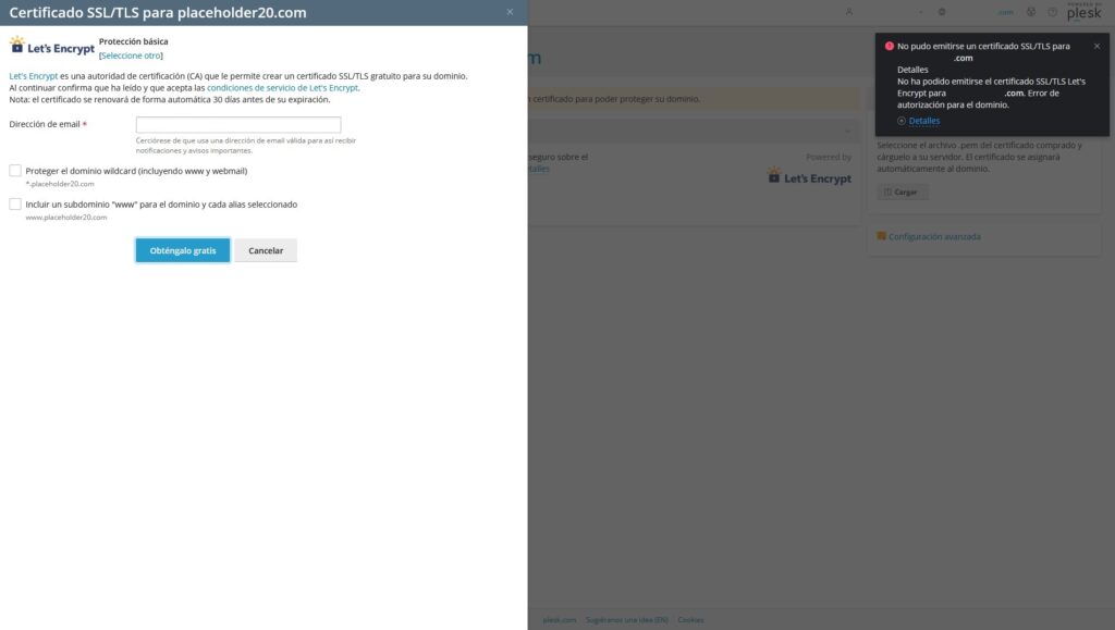 Imagen del panel de control Plesk como cliente de PróximaHost, para mostrar el cuarto paso sobre cómo configurar un certificado SSL de Let's Encrypt.