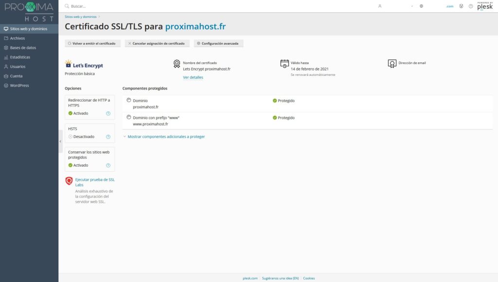 Imagen del panel de control Plesk como cliente de PróximaHost, para mostrar el quinto paso sobre cómo configurar un certificado SSL de Let's Encrypt.