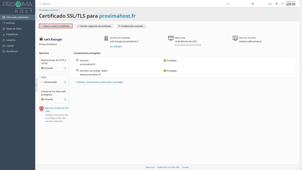 Imagen del panel de control Plesk como cliente de PróximaHost, para mostrar el sexto paso sobre cómo configurar un certificado SSL de Let's Encrypt.