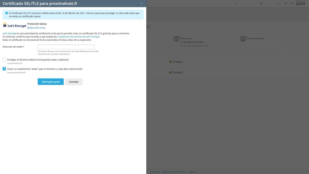 Imagen del panel de control Plesk como cliente de PróximaHost, para mostrar cómo se pide una reemisión de un certificado SSL que vence pronto.