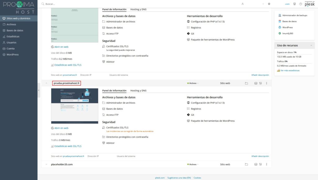 Imagen del panel de control Plesk como cliente de PróximaHost, mostrando la pantalla de todos los dominios y subdominios creados, incluido el nuevo.