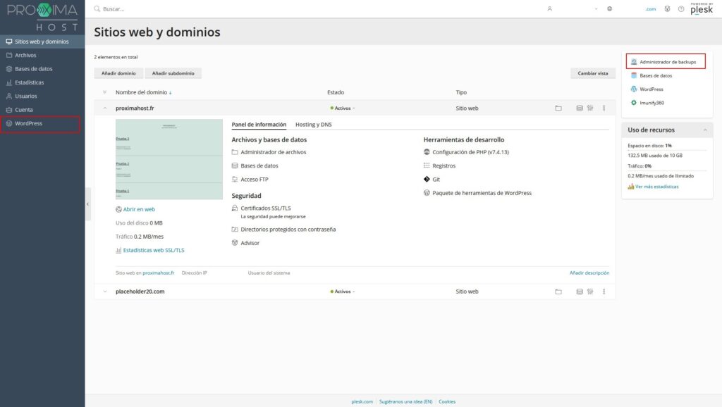 Imagen del panel de control Plesk como cliente de PróximaHost, para mostrar el primer paso sobre cómo hacer una copia de seguridad..
