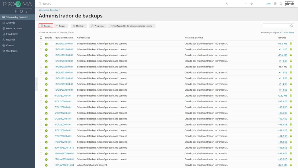 Imagen del panel de control Plesk como cliente de PróximaHost, para mostrar la lista de copias en el administrador de backups.