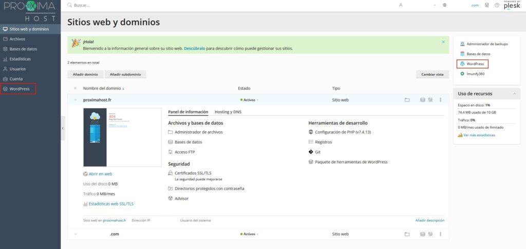 Imagen del panel de control Plesk como cliente de PróximaHost, para mostrar el primer paso sobre cómo instalar WordPress en un clic.