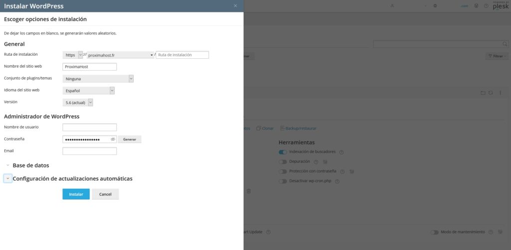 Imagen del panel de control Plesk como cliente de PróximaHost, para mostrar el tercer paso sobre cómo instalar WordPress en un clic.