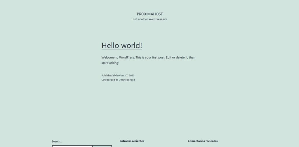 Imagen de la página principal de una instalación completa de WordPress.