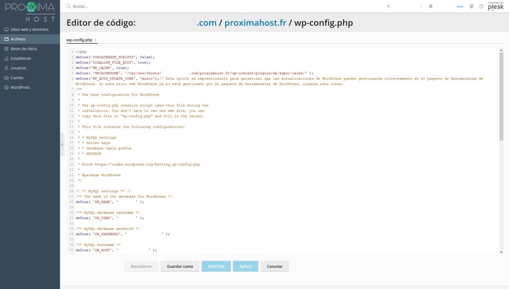 Imagen del panel de control Plesk como cliente de PróximaHost, que muestra cómo se puede aprovechar el administrador para ejecutar el editor de archivos PHP y trabajar en WordPress directamente desde Plesk.