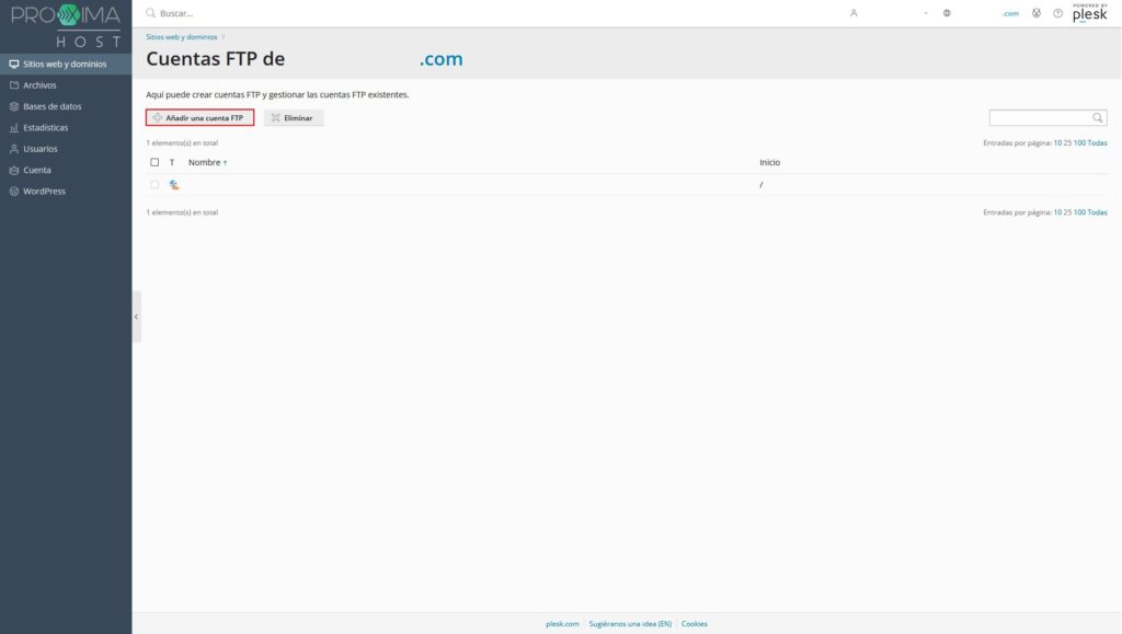 Imagen del panel de control Plesk como cliente de PróximaHost, que muestra el segundo paso sobre cómo crear una cuenta FTP en tu Hosting.
