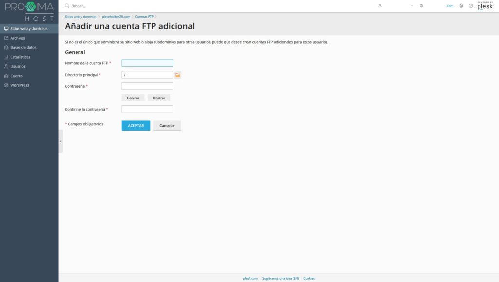 Imagen del panel de control Plesk como cliente de PróximaHost, que muestra el tercer y último paso sobre cómo crear una cuenta FTP en tu Hosting.