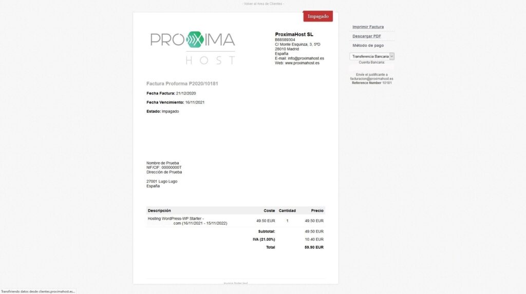 Imagen del área de cliente de PróximaHost, que muestra un ejemplo de factura proforma creada pendiente de pago.