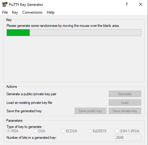 Imagen de PuTTY Key Generator en la que vemos cómo aparece la barra verde mientras se crea un código nuevo para SSH.