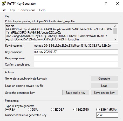 Imagen de PuTTY Key Generator en la que se ve el código creado para  acceder por SSH.