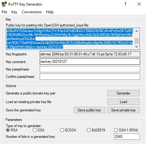 Imagen de PuTTY Key Generator en la que se muestra el momento en que se copia la clave para utilizar después en PuTTY.