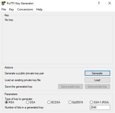 Imagen de PuTTY Key Generator en la que vemos cómo se crea un código nuevo para SSH.