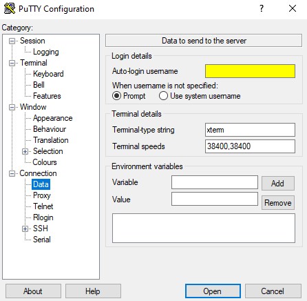 Imagen de PuTTY con la pantalla de Connection - Data donde se debe introducir el nombre de usuario.