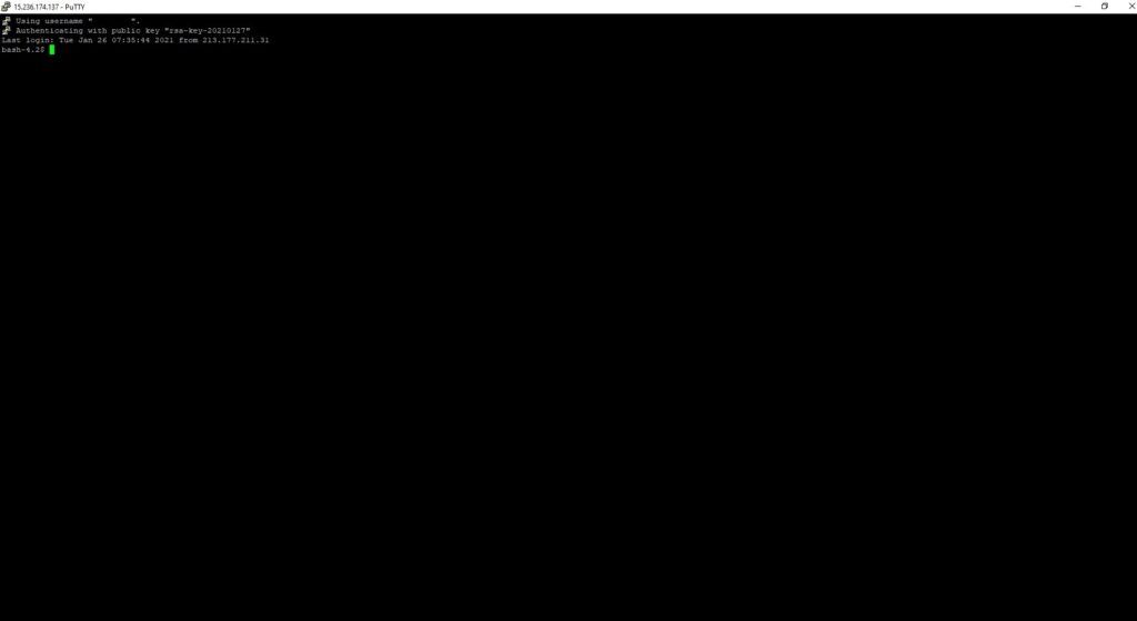 Imagen de la consola de PuTTY con la conexión completada, listo para ejecutar los comandos.