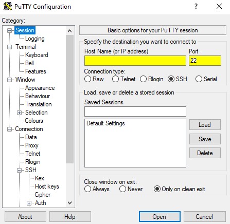 Imagen de PuTTY con la pantalla de Category - Session donde se debe  introducir el Host Name o la dirección IP y el puerto de la conexión.