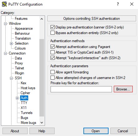 Imagen de PuTTY con la pantalla de SSH - Auth donde se debe  introducir la ruta del archivo con la clave privada creada.