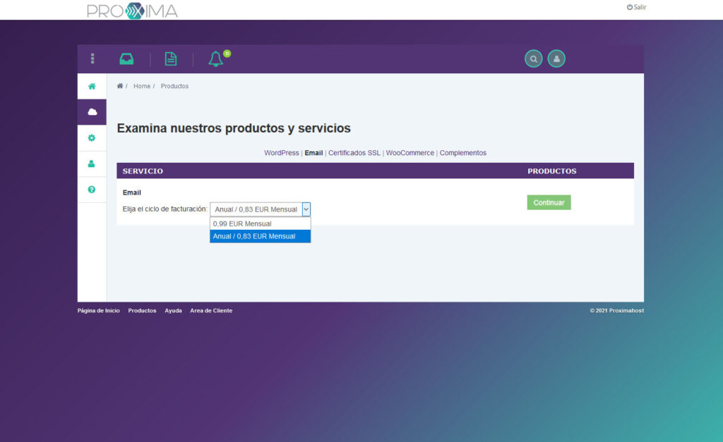 Imagen del panel de control, donde se elige el ciclo de facturación