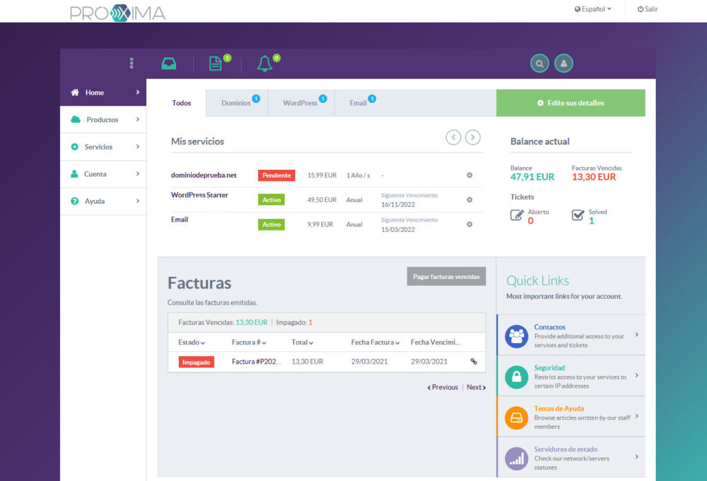 Imagen del panel de control con la factura impagada para el registro de dominio