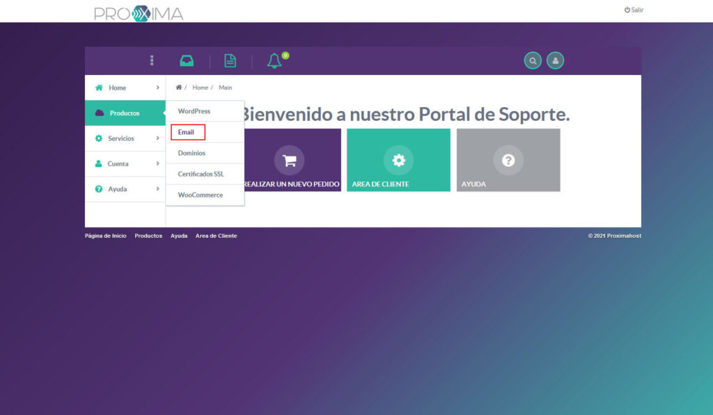 Imagen del panel de control, para acceder a la sección de Email