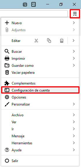Imagen de las opciones de Thunderbid, que muestra el botón de configuración de la cuenta de correo.