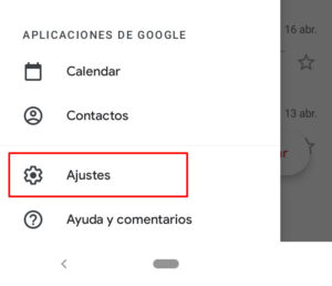 Imagen de la app de Gmail, mostrando el botón de Ajustes donde se empieza a configurar una cuenta de correo.