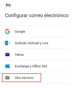 Imagen de la app de Gmail, mostrando las opciones de correo entre los proveedores más conocidos que ofrece Gmail.