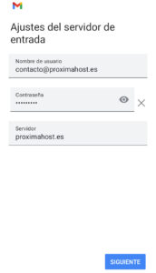 Imagen de la app de Gmail, que muestra los ajustes del servidor de entrada para configurar la cuenta de correo.